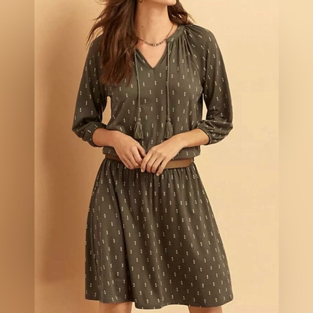 Garnet Hill Olive Green Print Poet Knit Boho Midi Dress size XS Oversized
